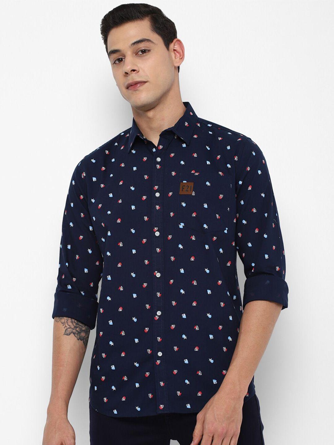 forever 21 men blue printed pure cotton casual shirt