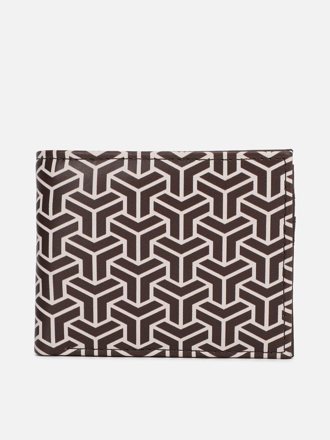 forever 21 men brown & off white geometric printed pu two fold wallet