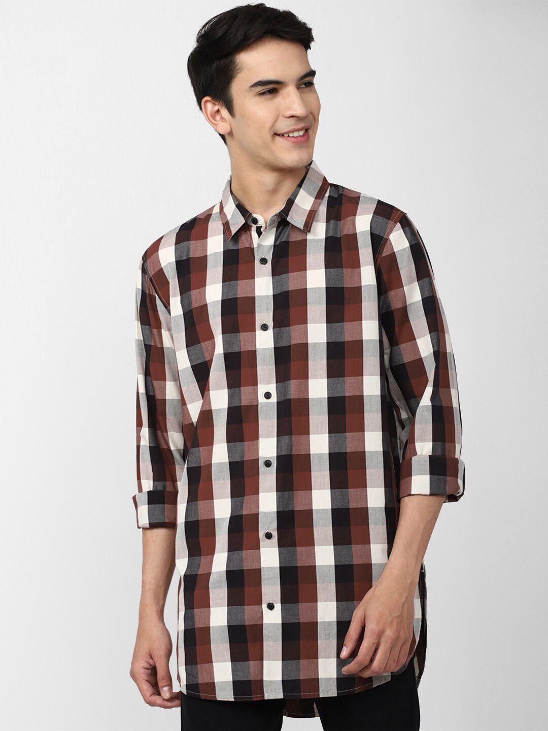 forever 21 men brown regular fit checked cotton casual shirt