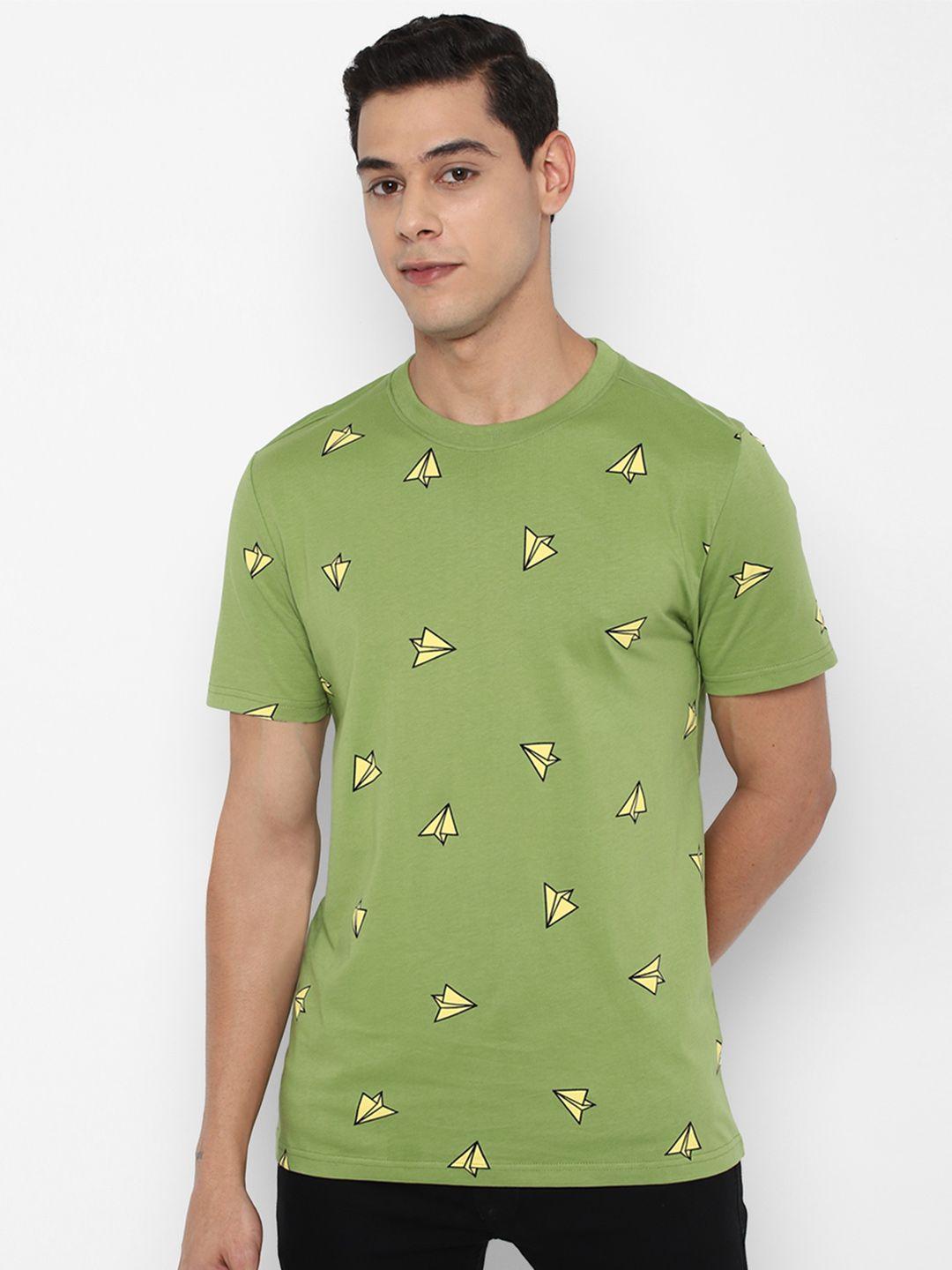 forever 21 men green & yellow printed cotton t-shirt