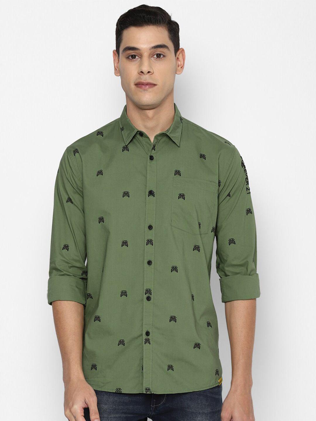 forever 21 men green slim fit opaque printed casual shirt