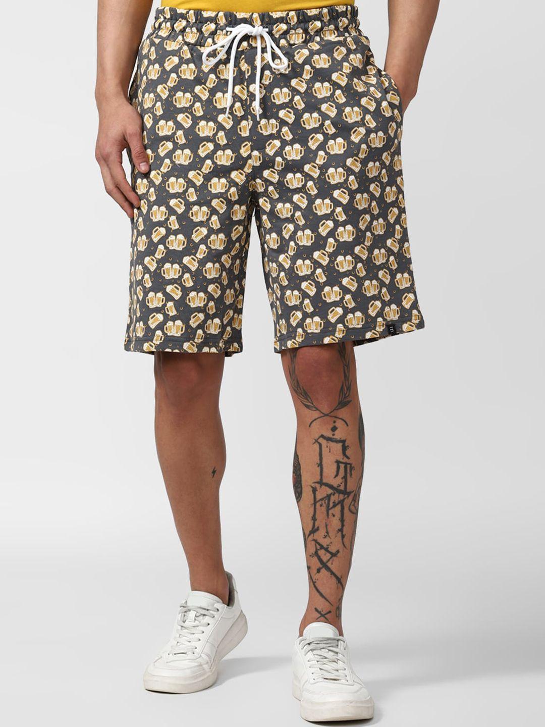 forever 21 men grey conversational printed mid-rise knee length shorts