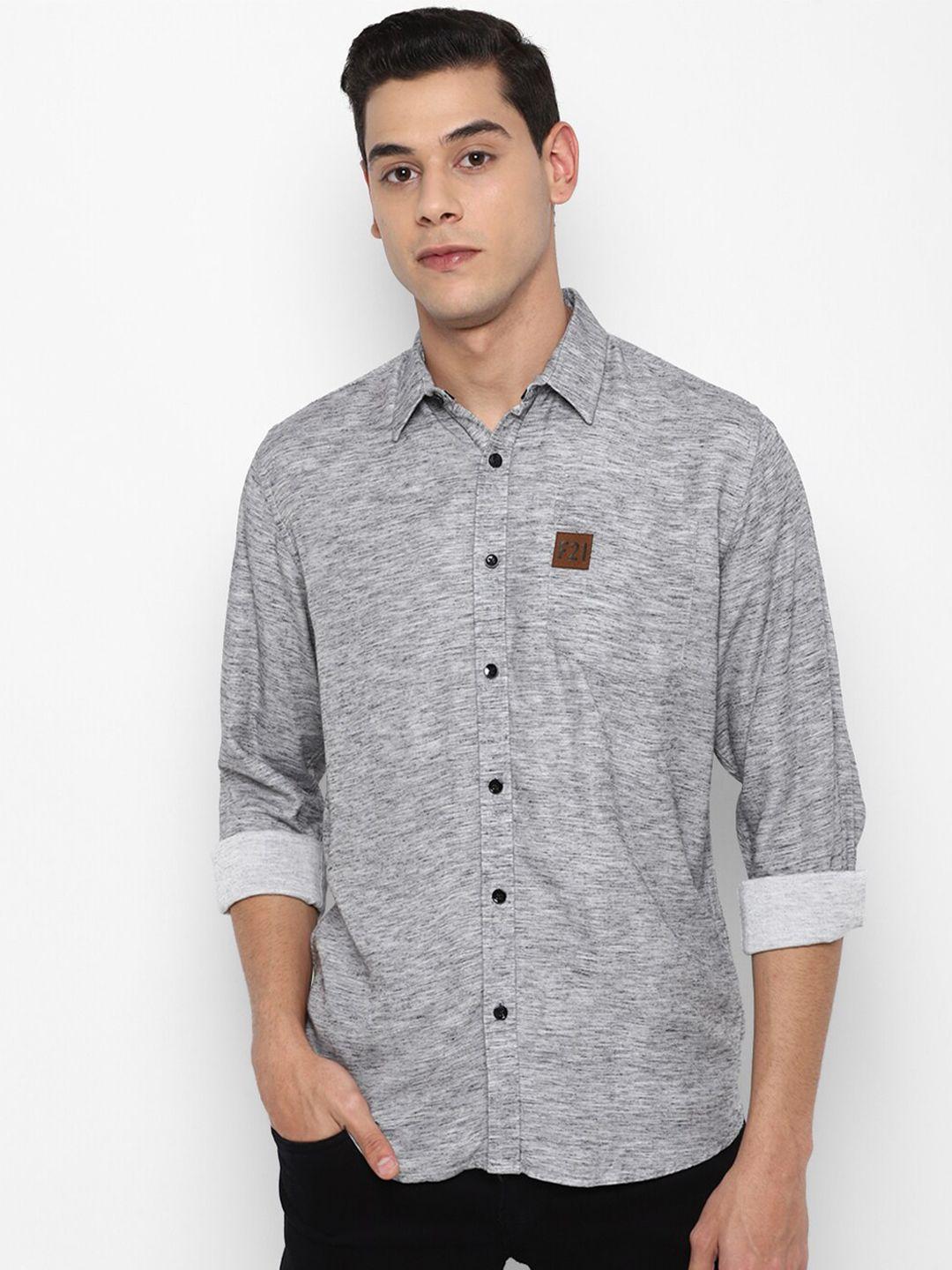 forever 21 men grey melange solid regular fit cotton casual shirt