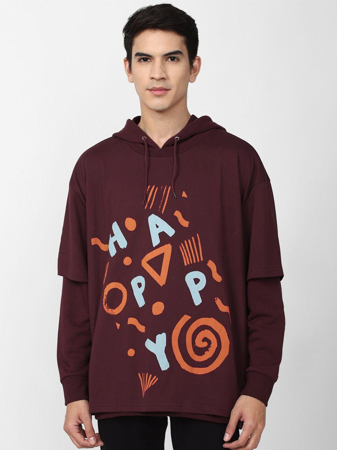 forever 21 men maroon printed hooded sweatshirt