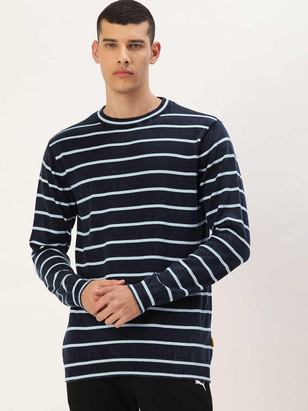 forever 21 men navy blue & white striped indigo dye longline pullover sweater