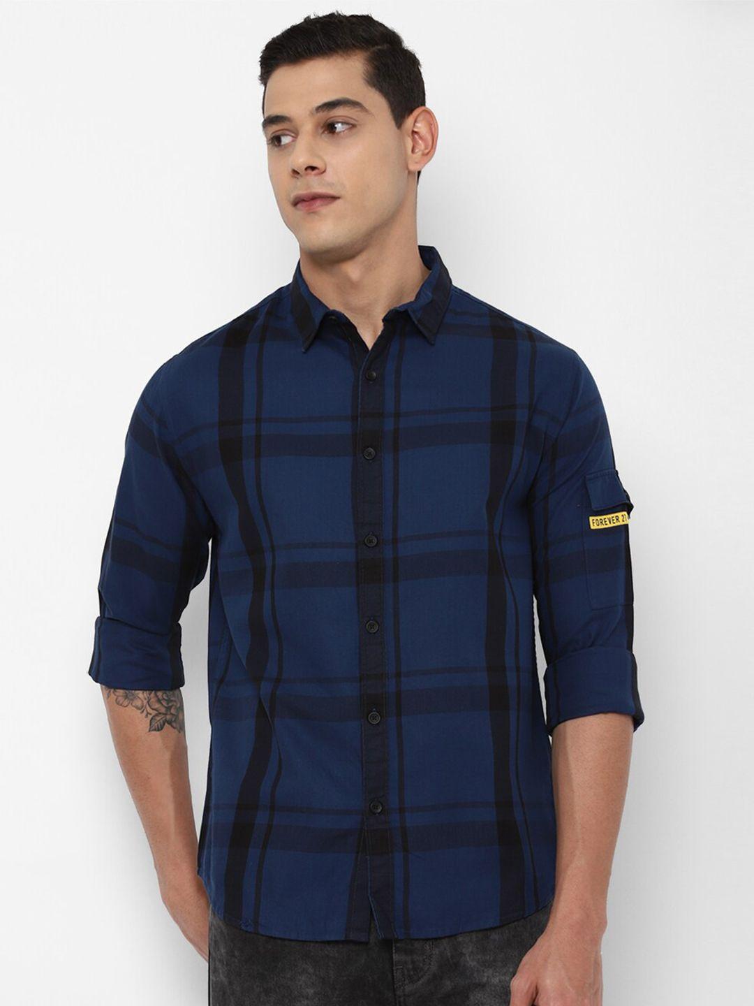 forever 21 men navy blue checked pure cotton casual shirt