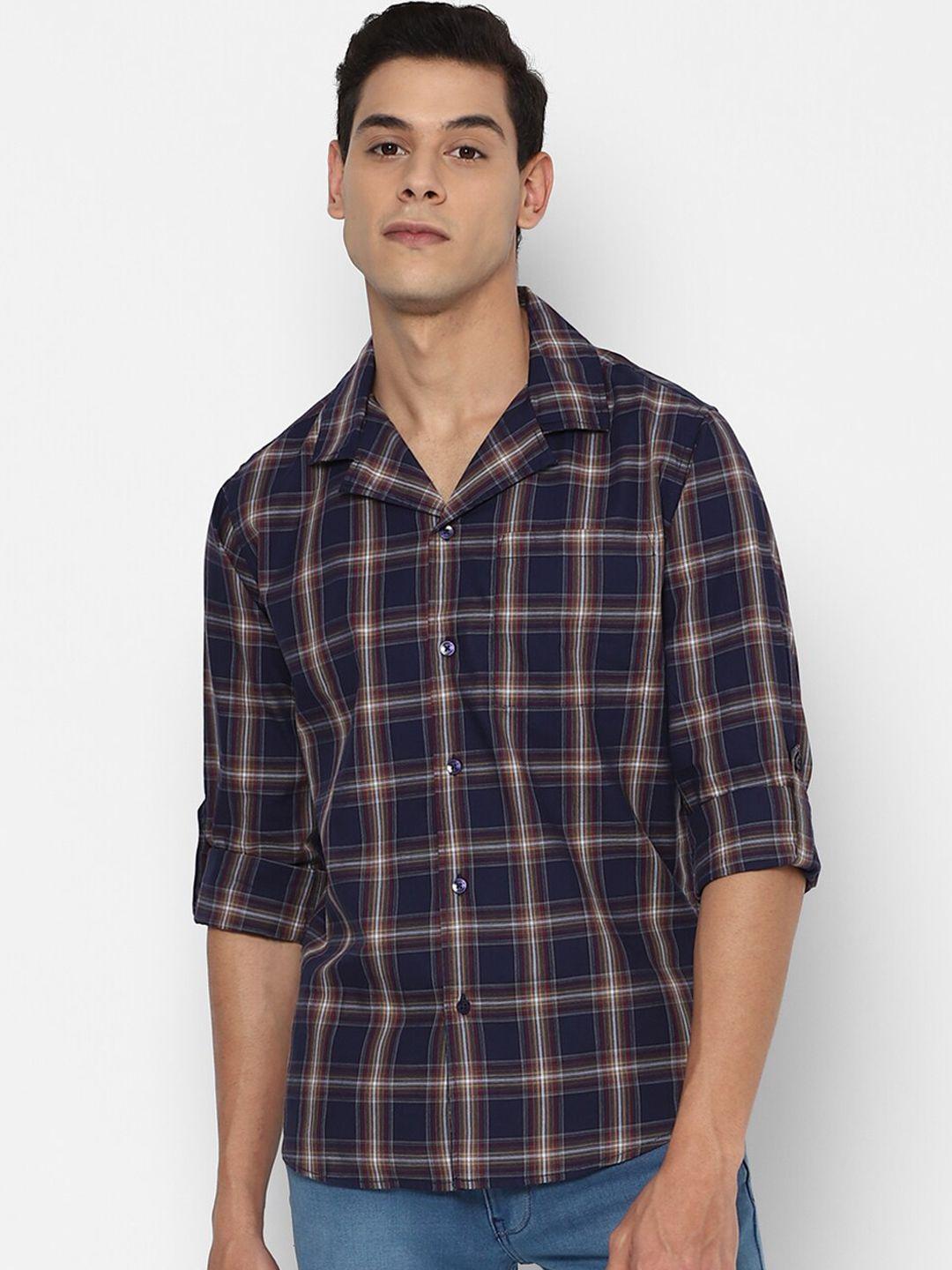 forever 21 men navy blue classic fit opaque tartan checked cotton casual shirt