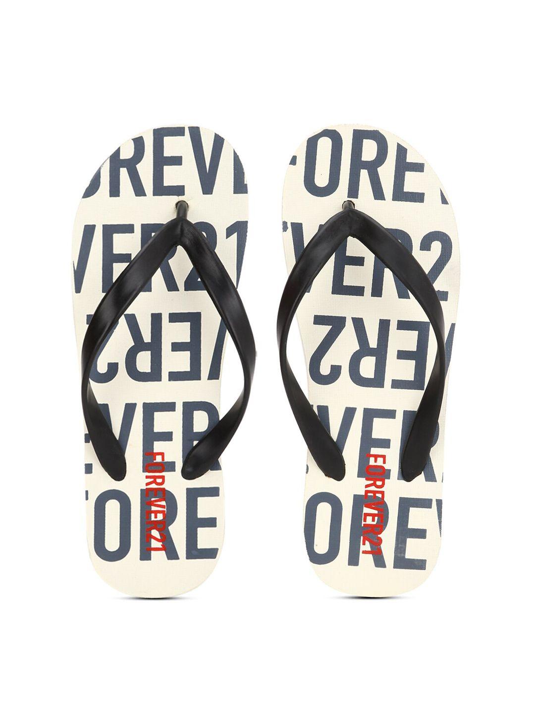 forever 21 men off-white & black logo printed rubber thong flip-flops