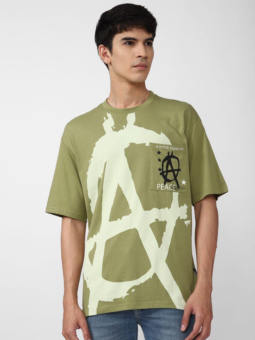 forever 21 men olive green printed cotton t-shirt