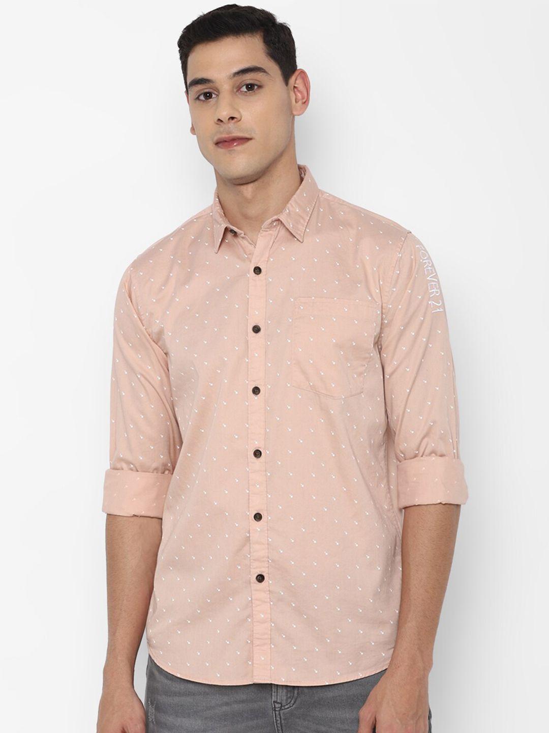forever 21 men peach-coloured slim fit opaque printed casual shirt