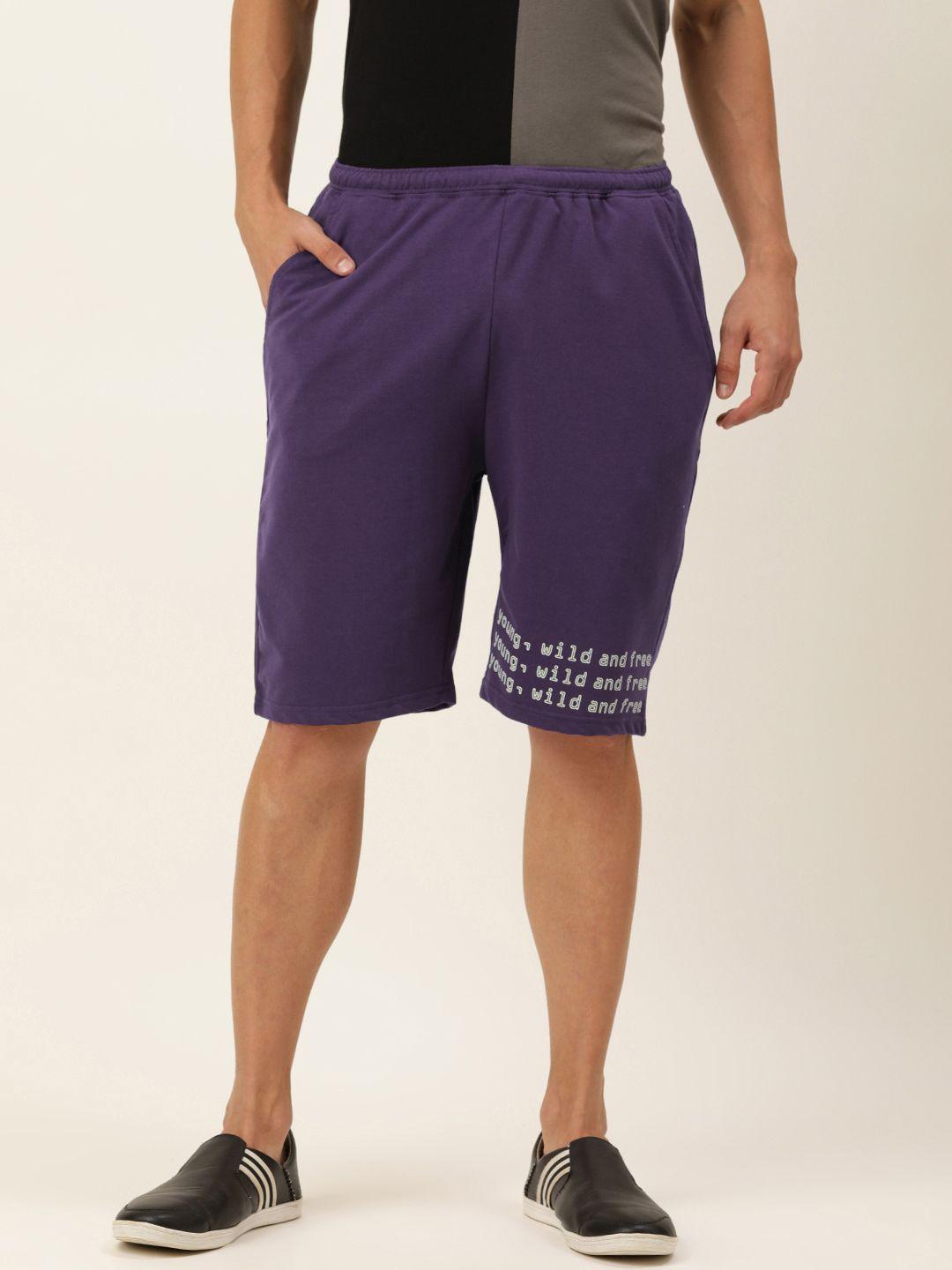 forever 21 men purple typography printed shorts