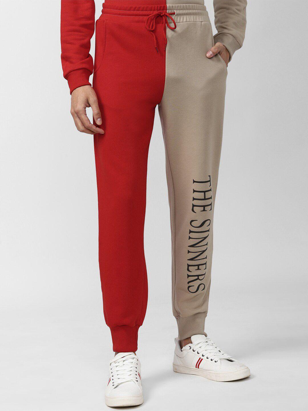 forever 21 men red & beige colourblocked joggers