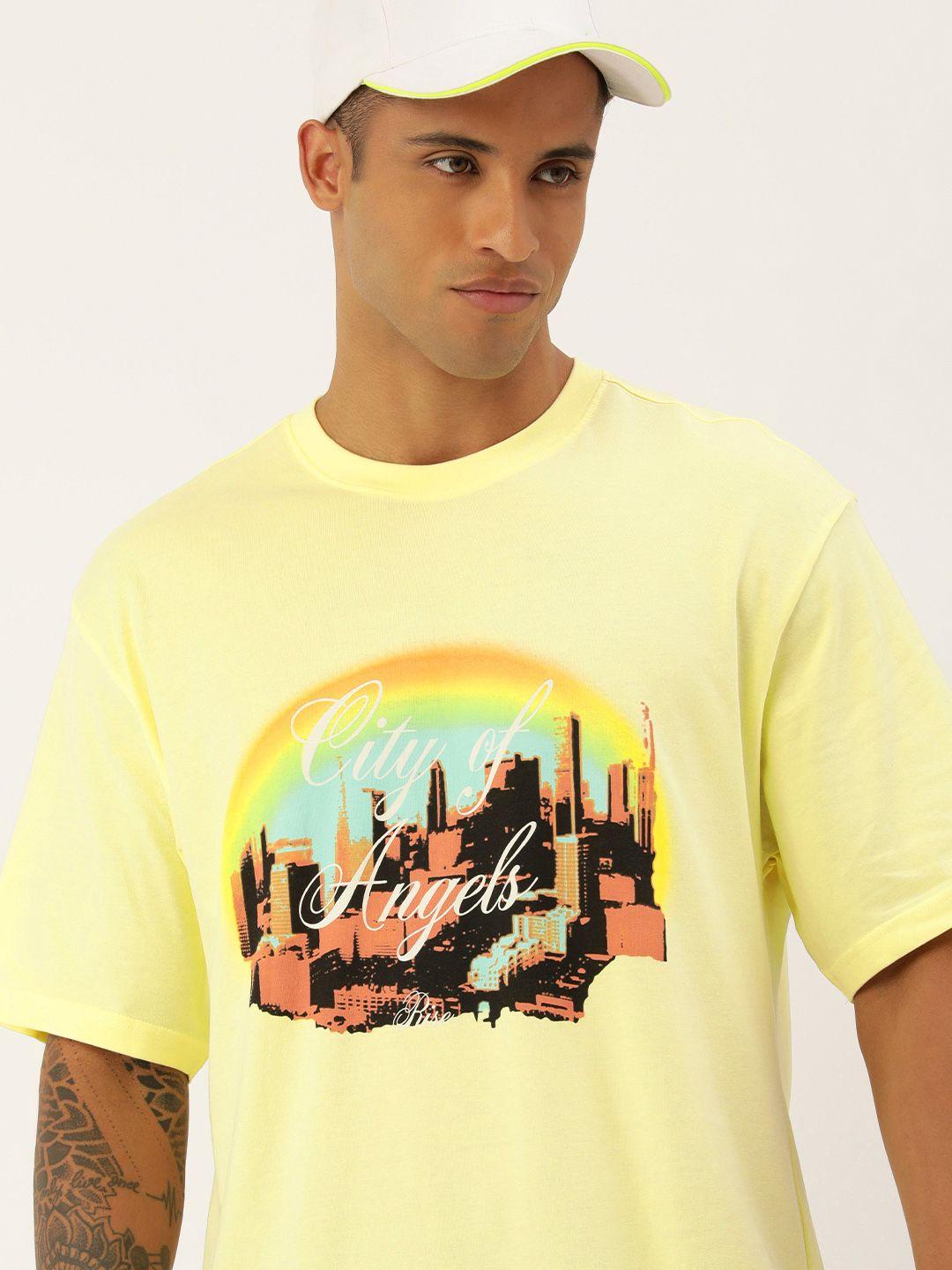 forever 21 men yellow abstract printed pure cotton t-shirt