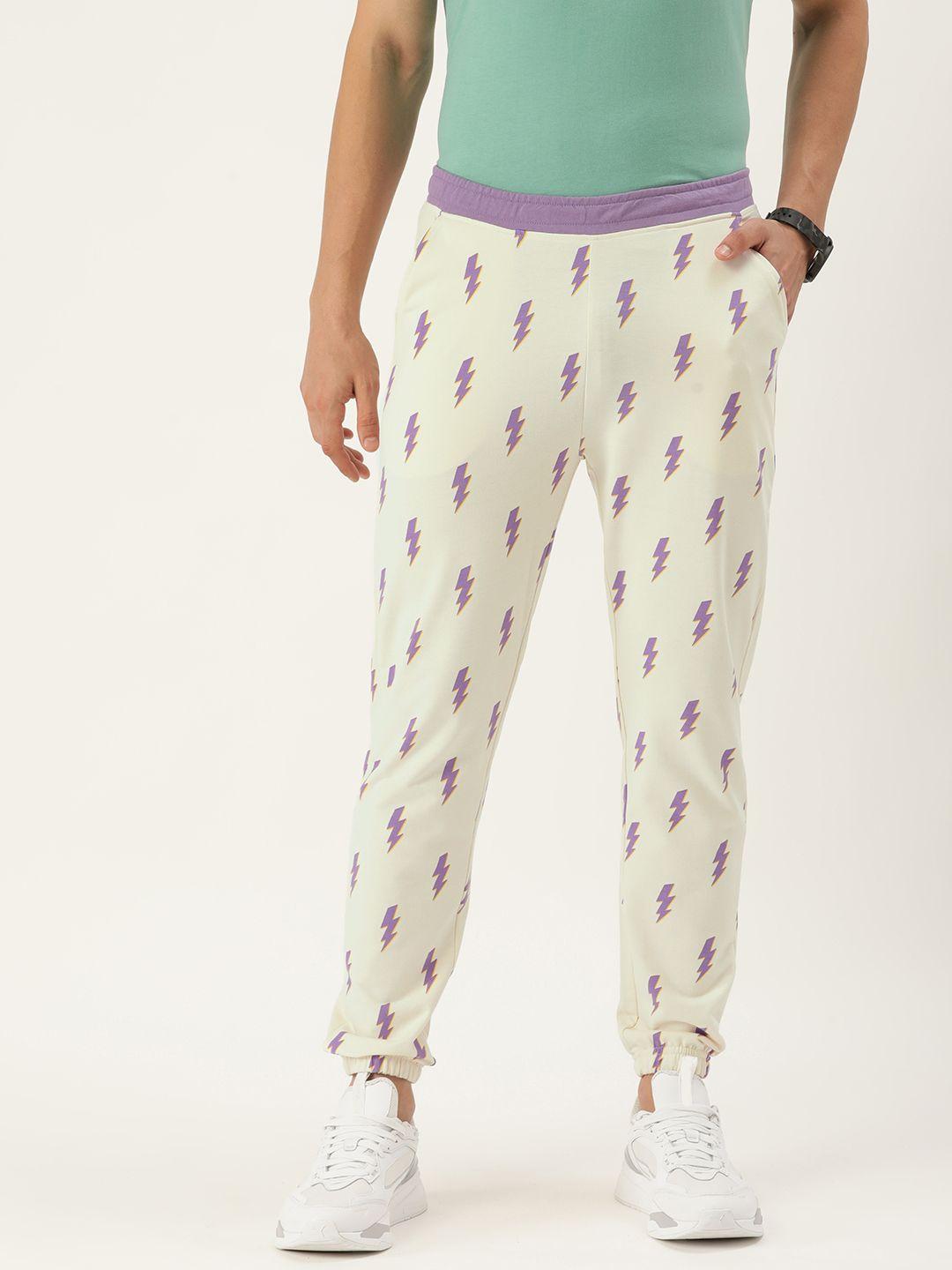 forever 21 men yellow and purple printed joggers trousers