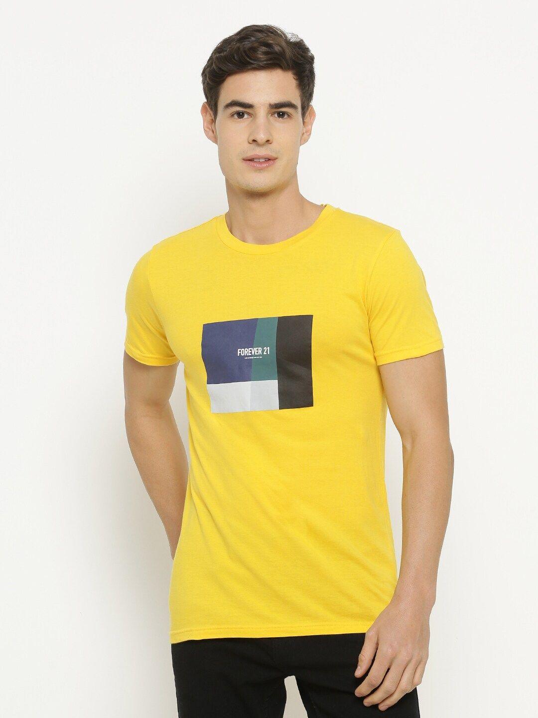 forever 21 men yellow printed round neck t-shirt