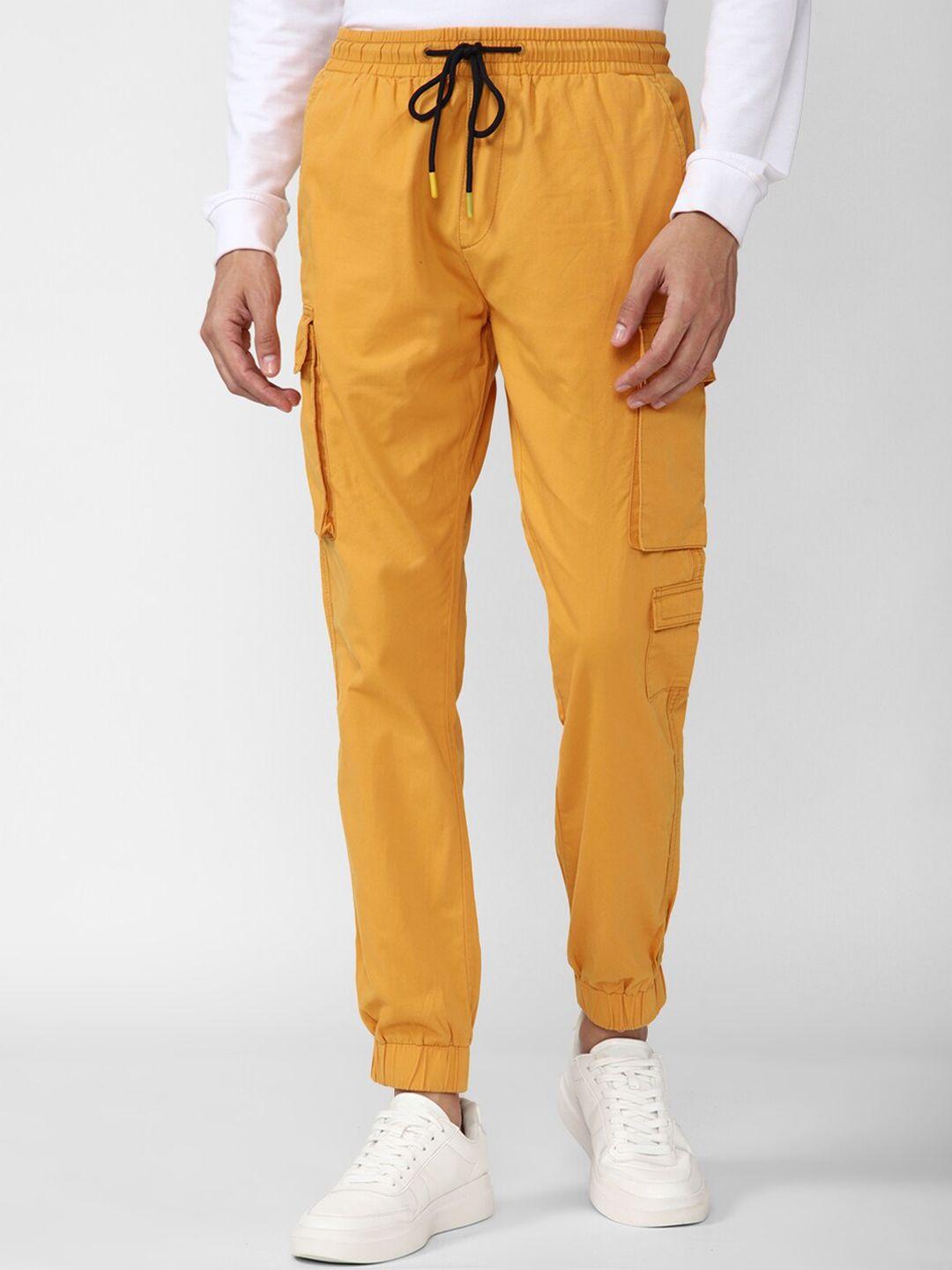 forever 21 men yellow solid cotton joggers trousers