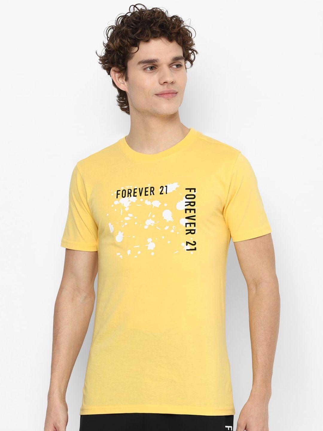 forever 21 men yellow typography printed applique t-shirt