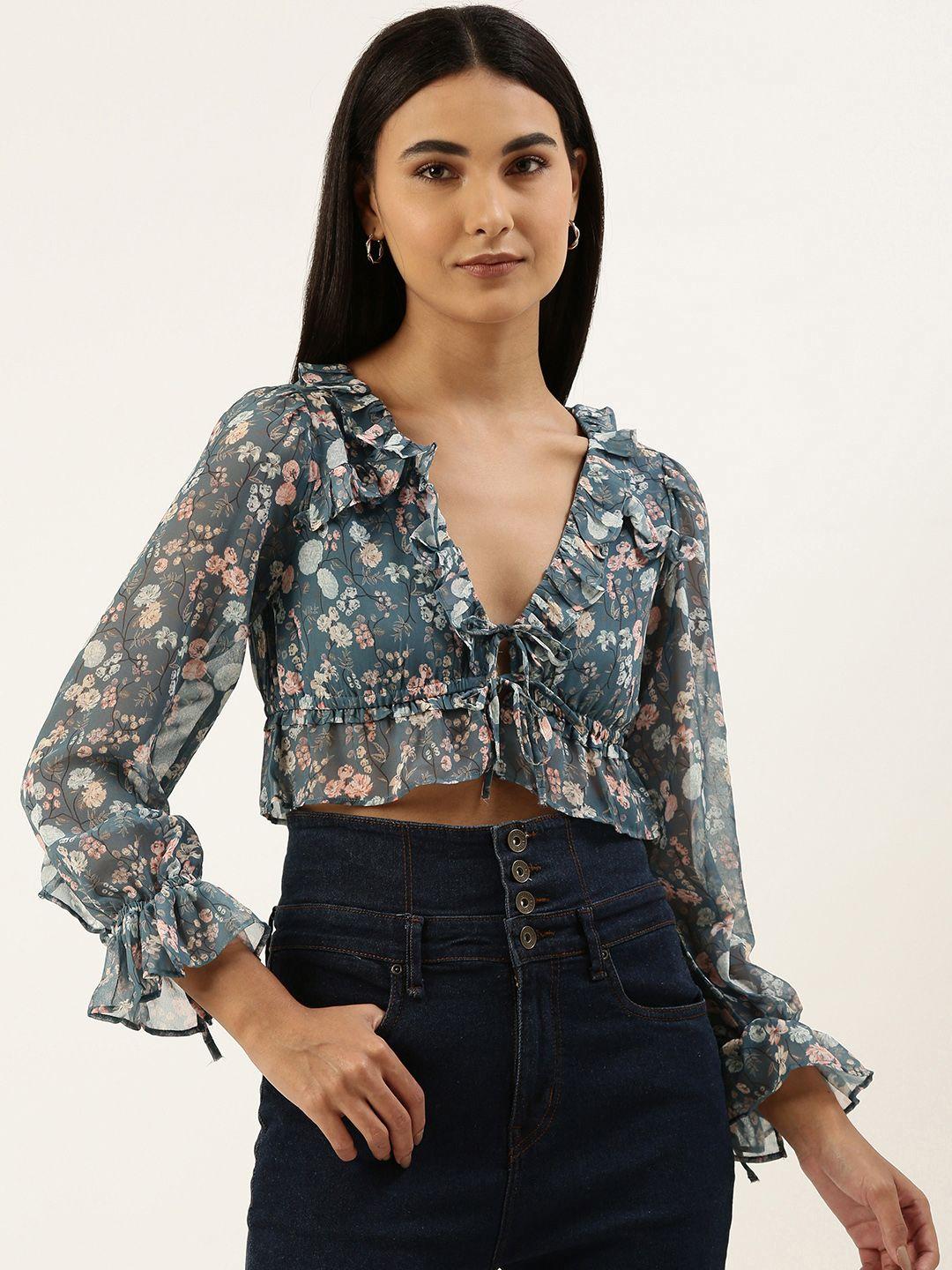 forever 21 navy blue & pink floral print ruffles empire crop top