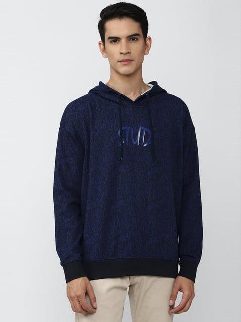 forever 21 navy blue regular fit printed hooded sweatshirt