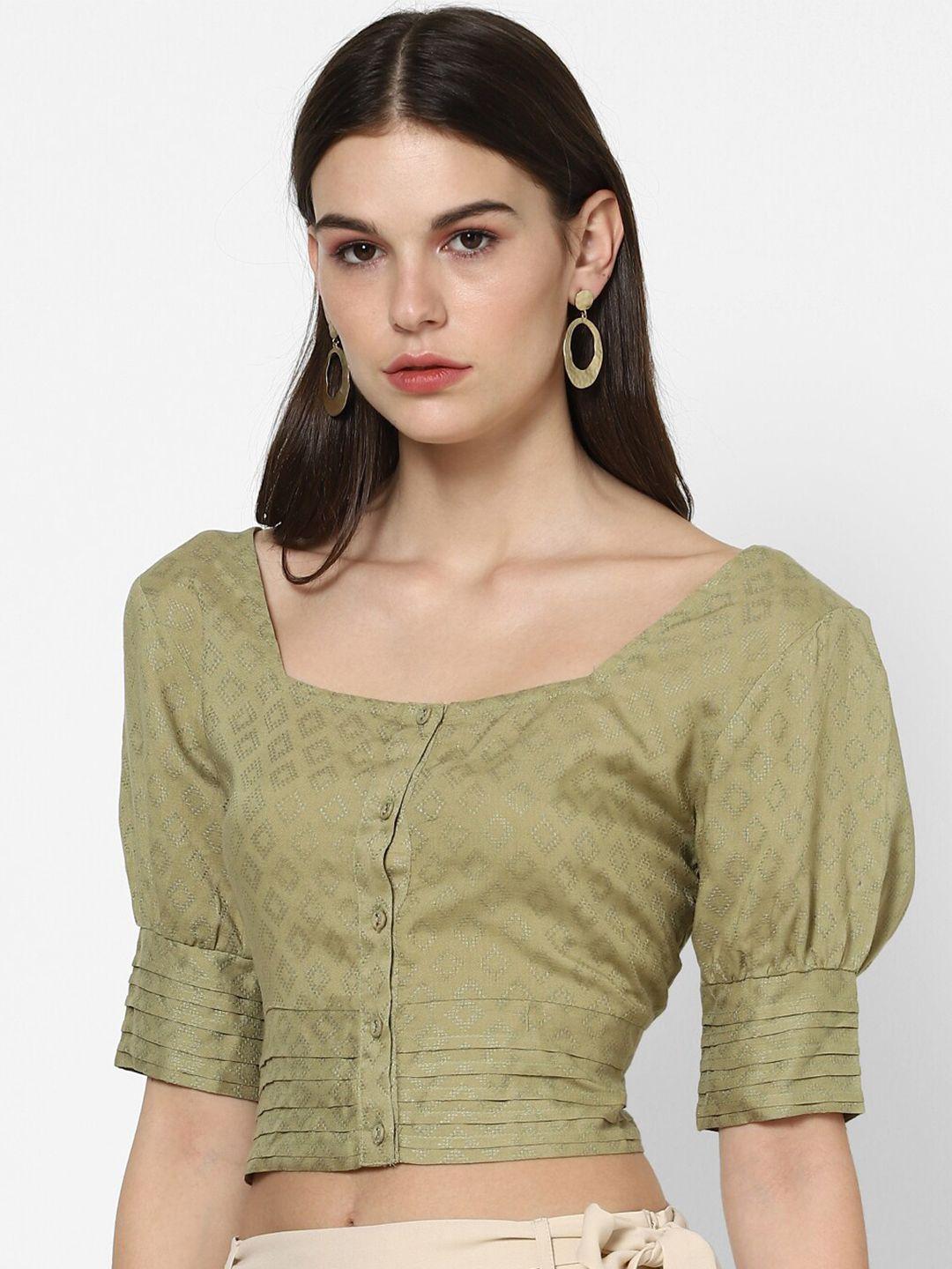 forever 21 olive woven designed puff sleeve regular crop top