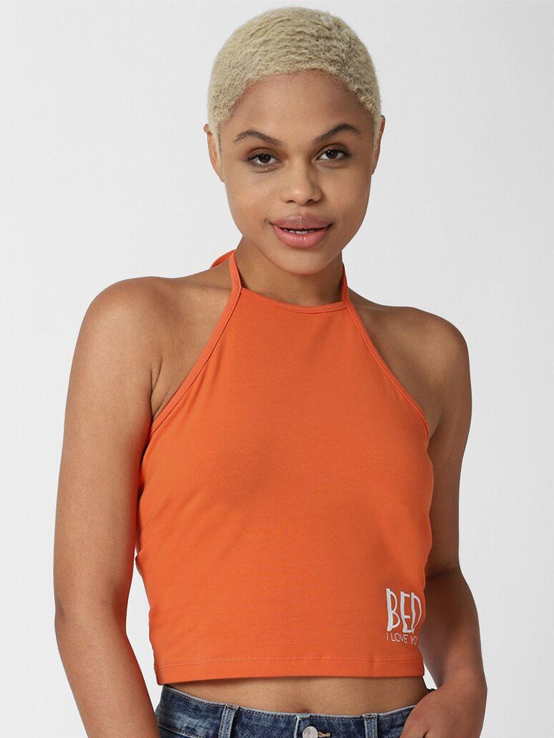 forever 21 orange & white printed halter neck crop top