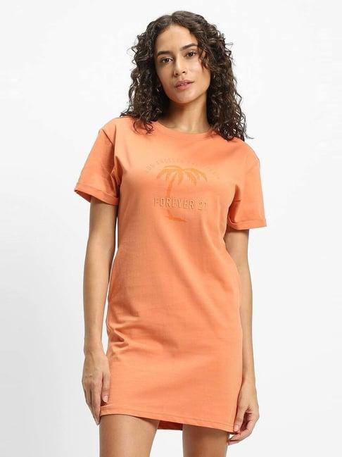 forever 21 orange cotton bodycone printed dress