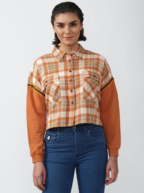 forever 21 orange cotton checks shirt