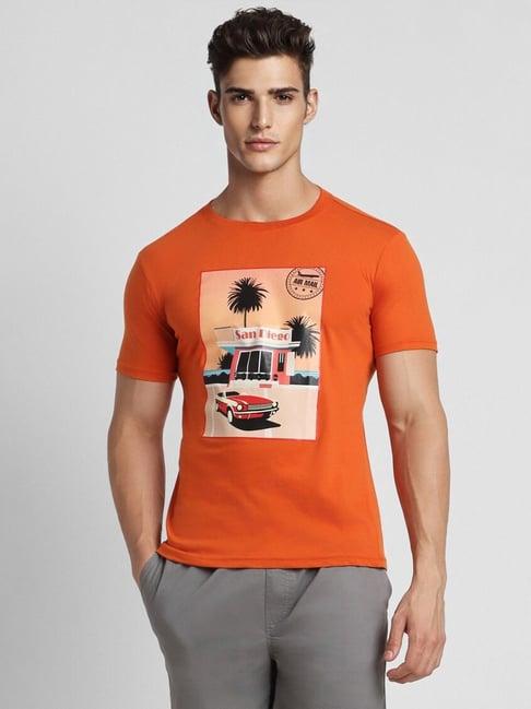 forever 21 orange regular fit printed t-shirt