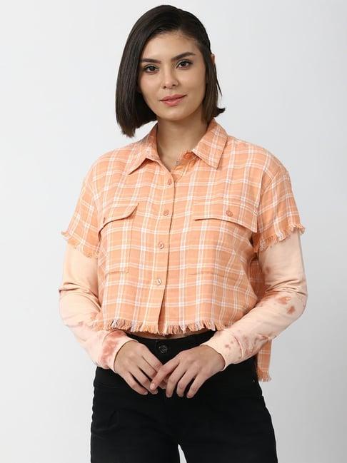 forever 21 peach cotton checks shirt