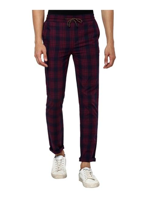 forever 21 red & navy cotton slim fit checks drawstring trousers