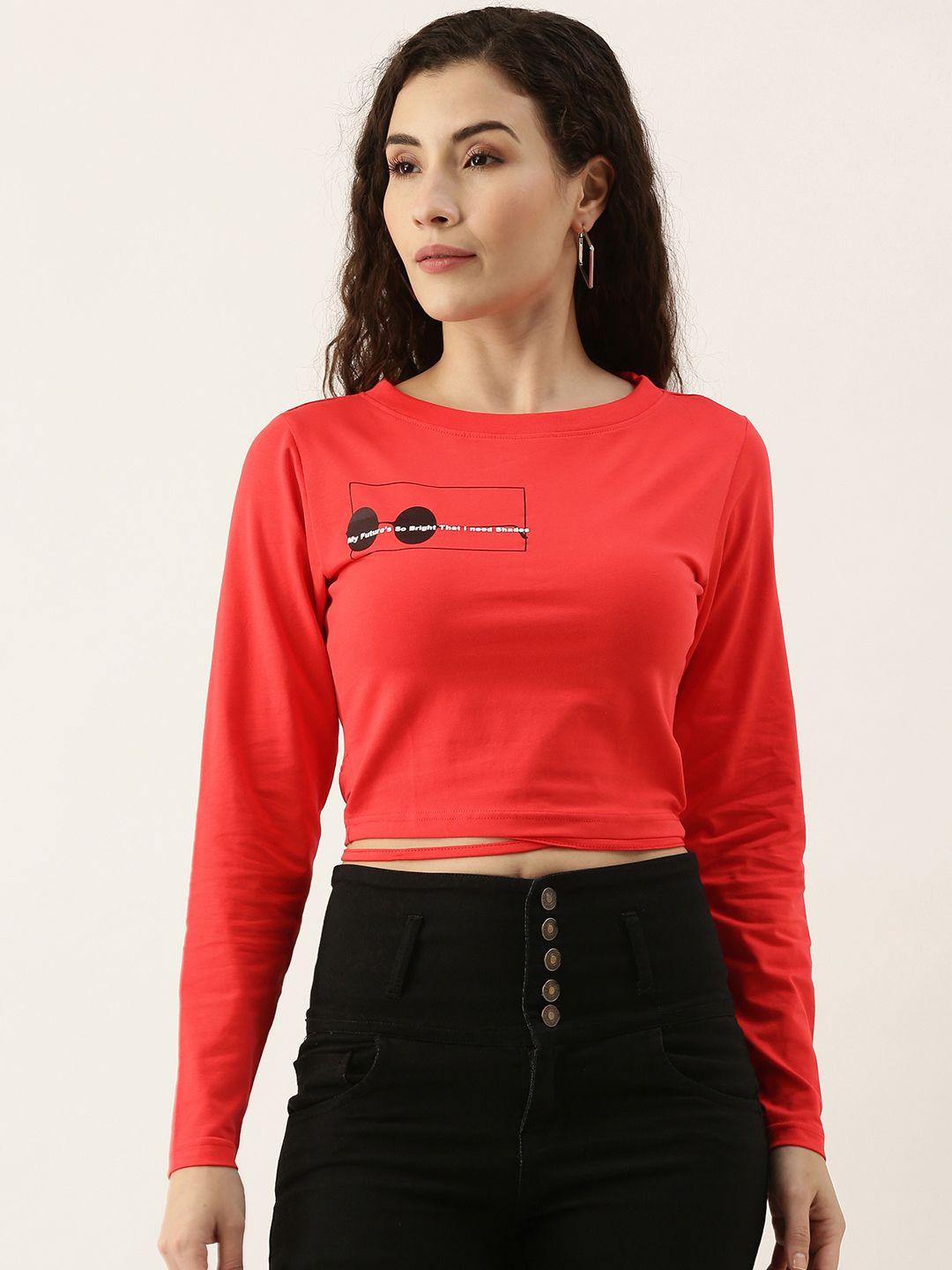 forever 21 red print cinched waist crop top with tie-up detailing
