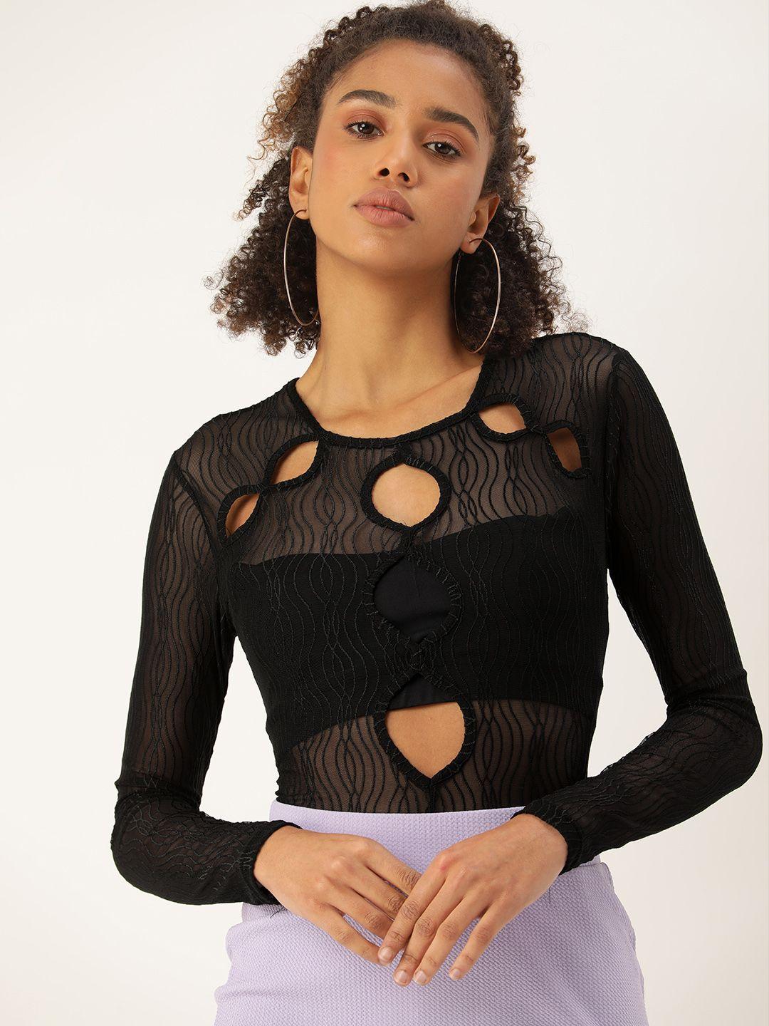 forever 21 self-design round neck cut-out detail fitted lace bodysuit