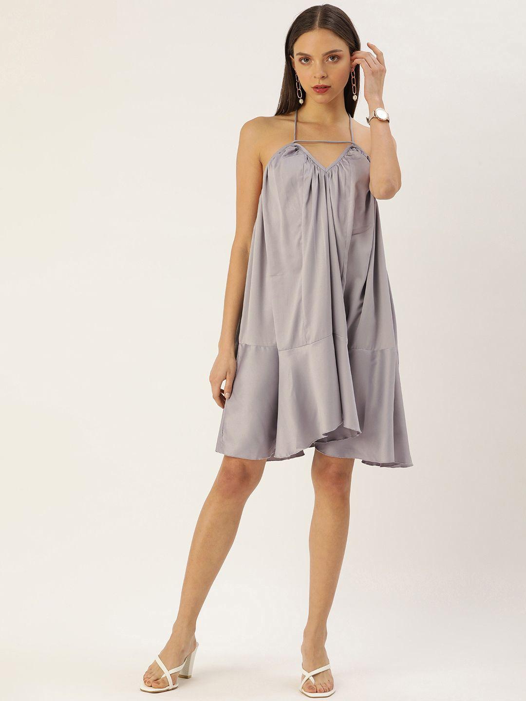 forever 21 sleet grey solid halter neck gathered or pleated ruffles drop-waist dress