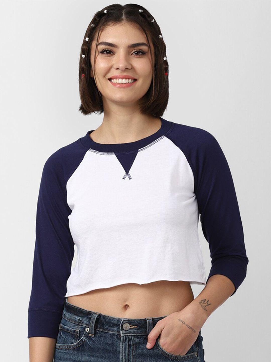 forever 21 white & navy blue colourblocked crop top