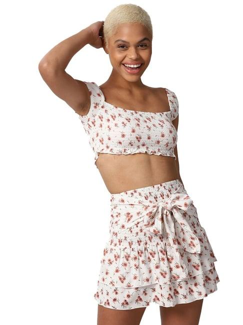 forever 21 white & pink floral print crop top with skirt