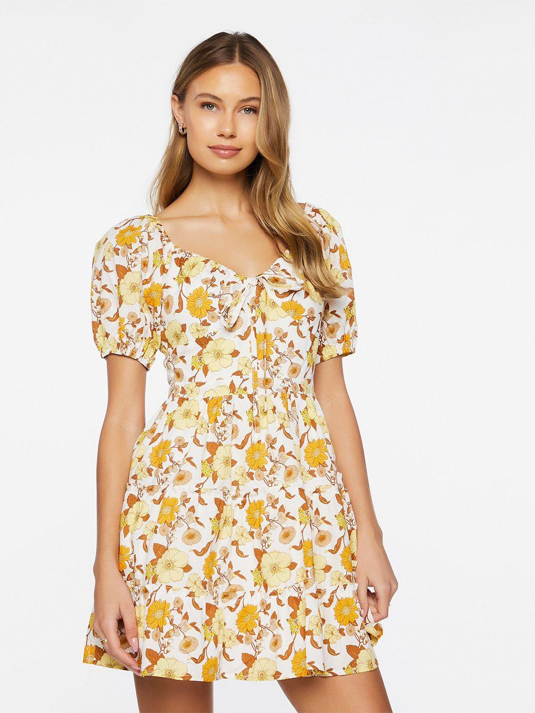 forever 21 white floral printed puff sleeve pure cotton fit & flare dress
