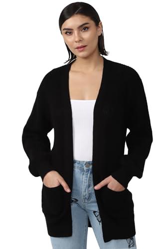 forever 21 women's cotton round neck cardigan sweater (463659_black