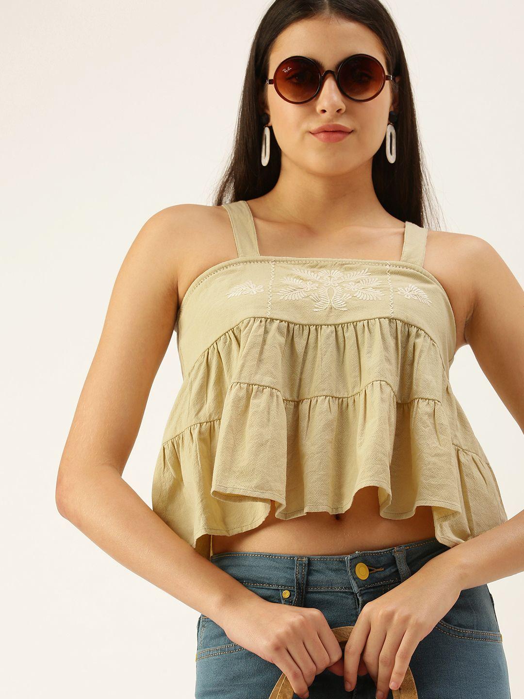 forever 21 women beige floral embroidered sleeveless empire crop top