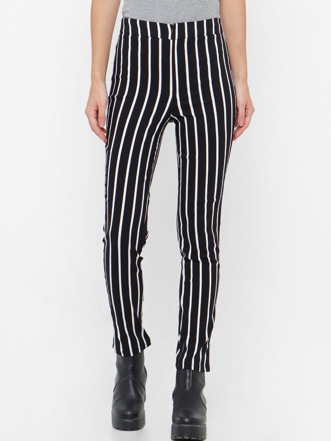 forever 21 women black & white regular fit striped regular trousers