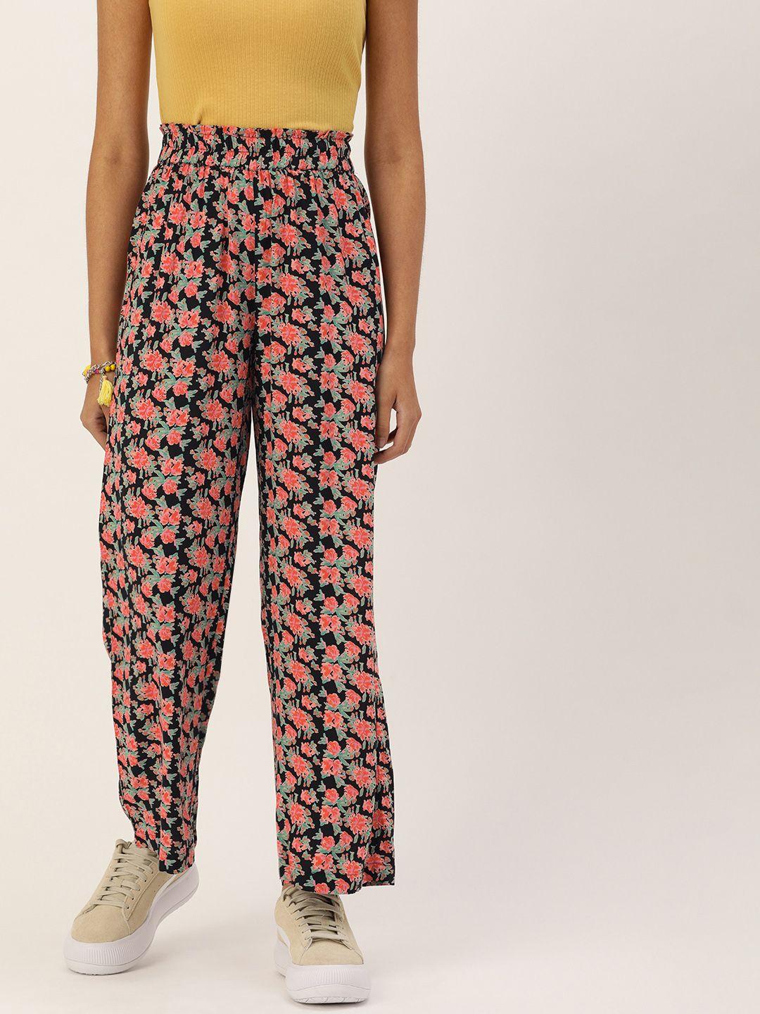 forever 21 women black and orange floral printed trousers