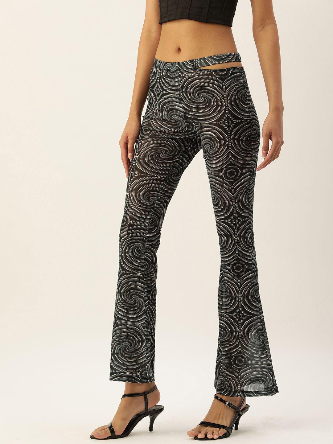 forever 21 women black printed semi-sheer bootcut trousers