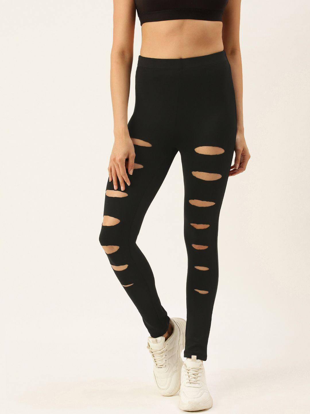 forever 21 women black solid ankle-length leggings with cut out details