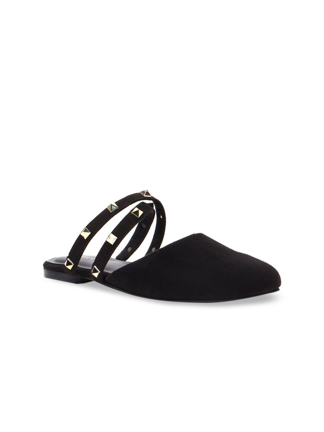 forever 21 women black solid embellished suede mules