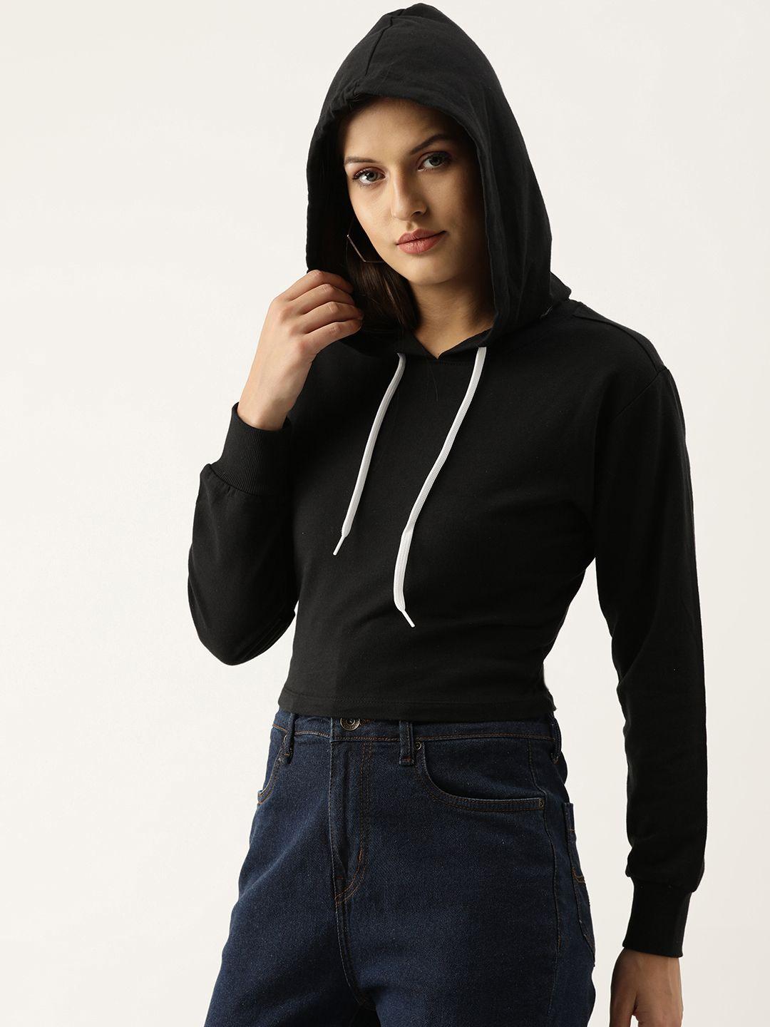 forever 21 women black solid hooded top with styled back