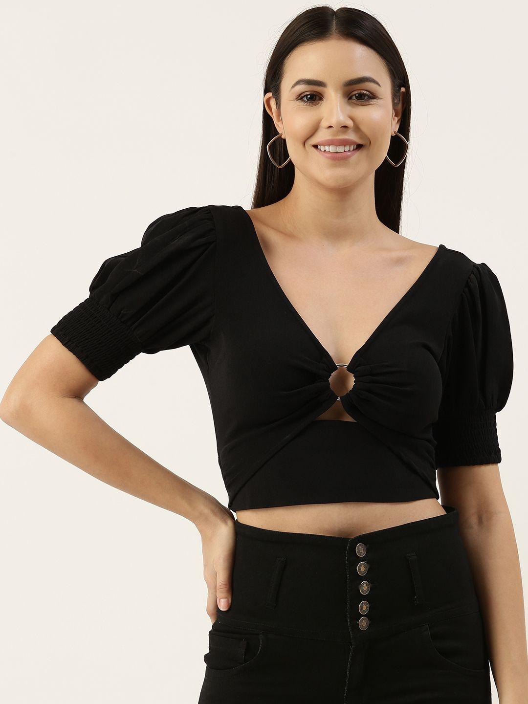 forever 21 women black solid v- neck blouson crop top