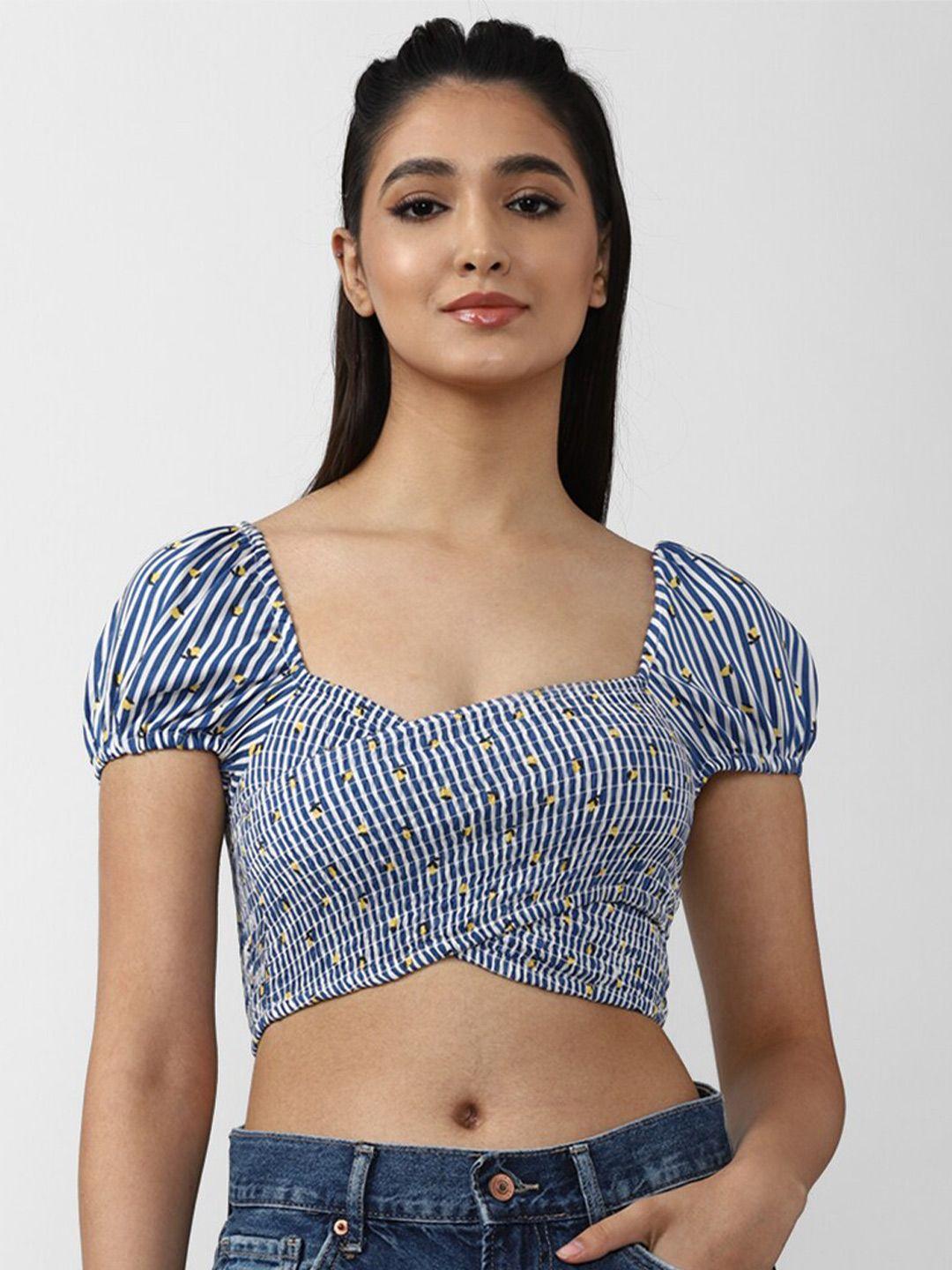 forever 21 women blue & white floral printed sweetheart neck crop top