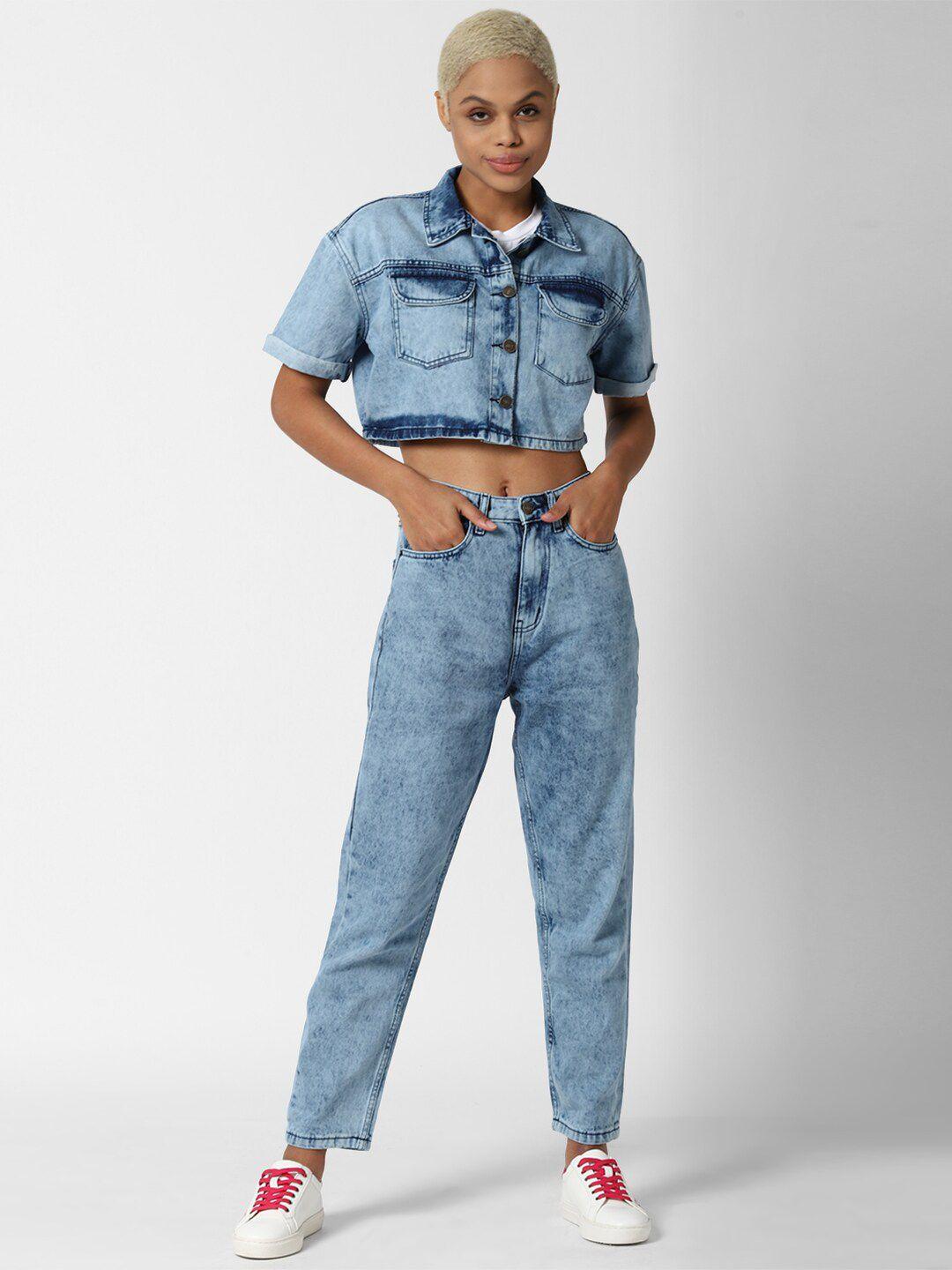 forever 21 women blue cotton denim crop shirt with trousers