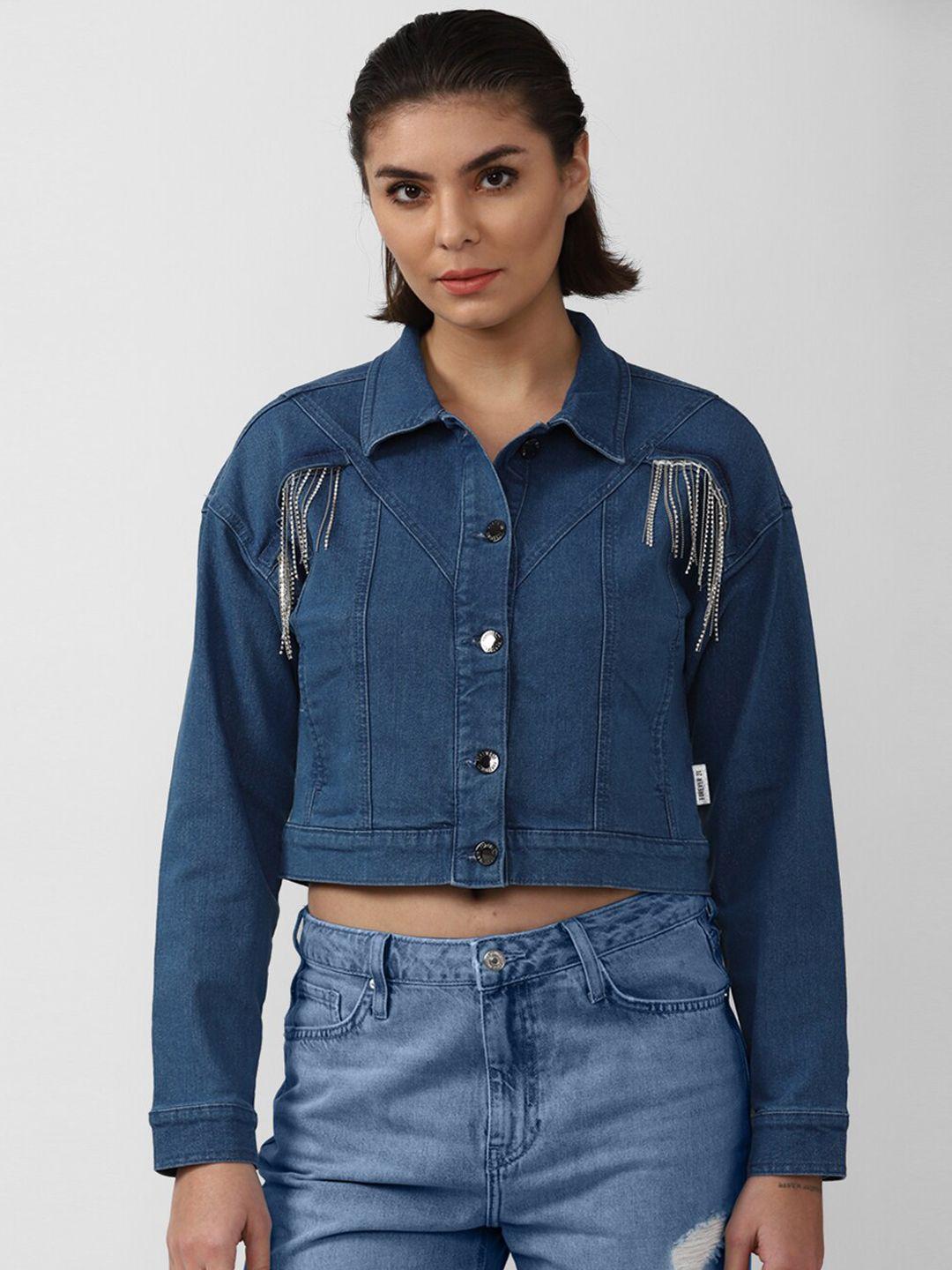 forever 21 women blue cotton washed crop denim jacket