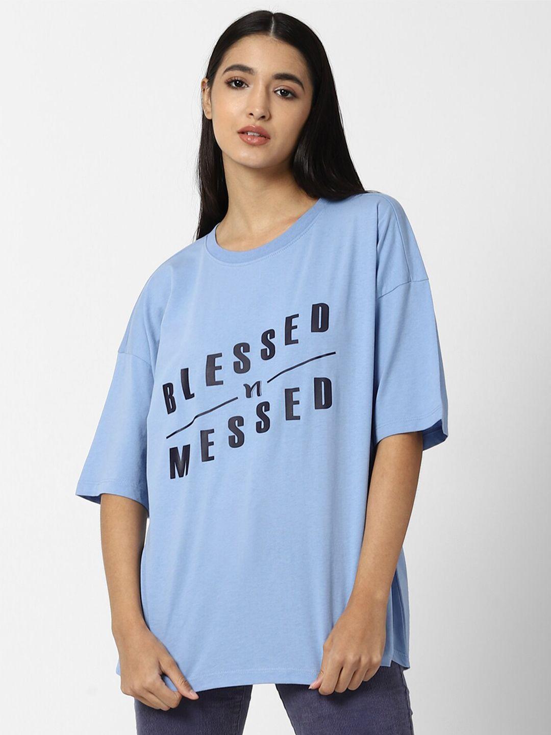 forever 21 women blue printed drop shoulder sleeves t-shirt