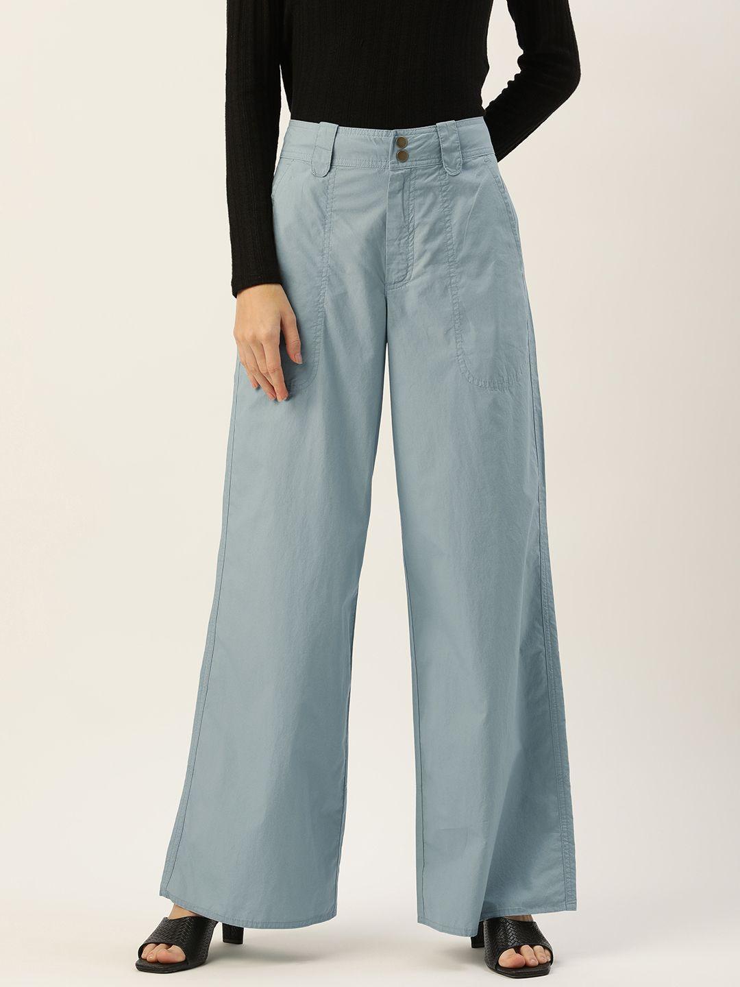 forever 21 women blue pure cotton parallel trousers